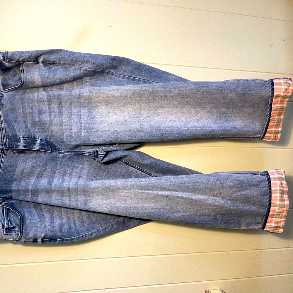 24 Cato denim girlfriend high rise jeans with plaid cuff